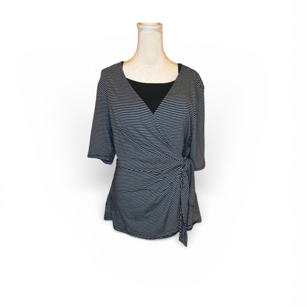 Lands End Dark Navy and White Striped Wrap Top